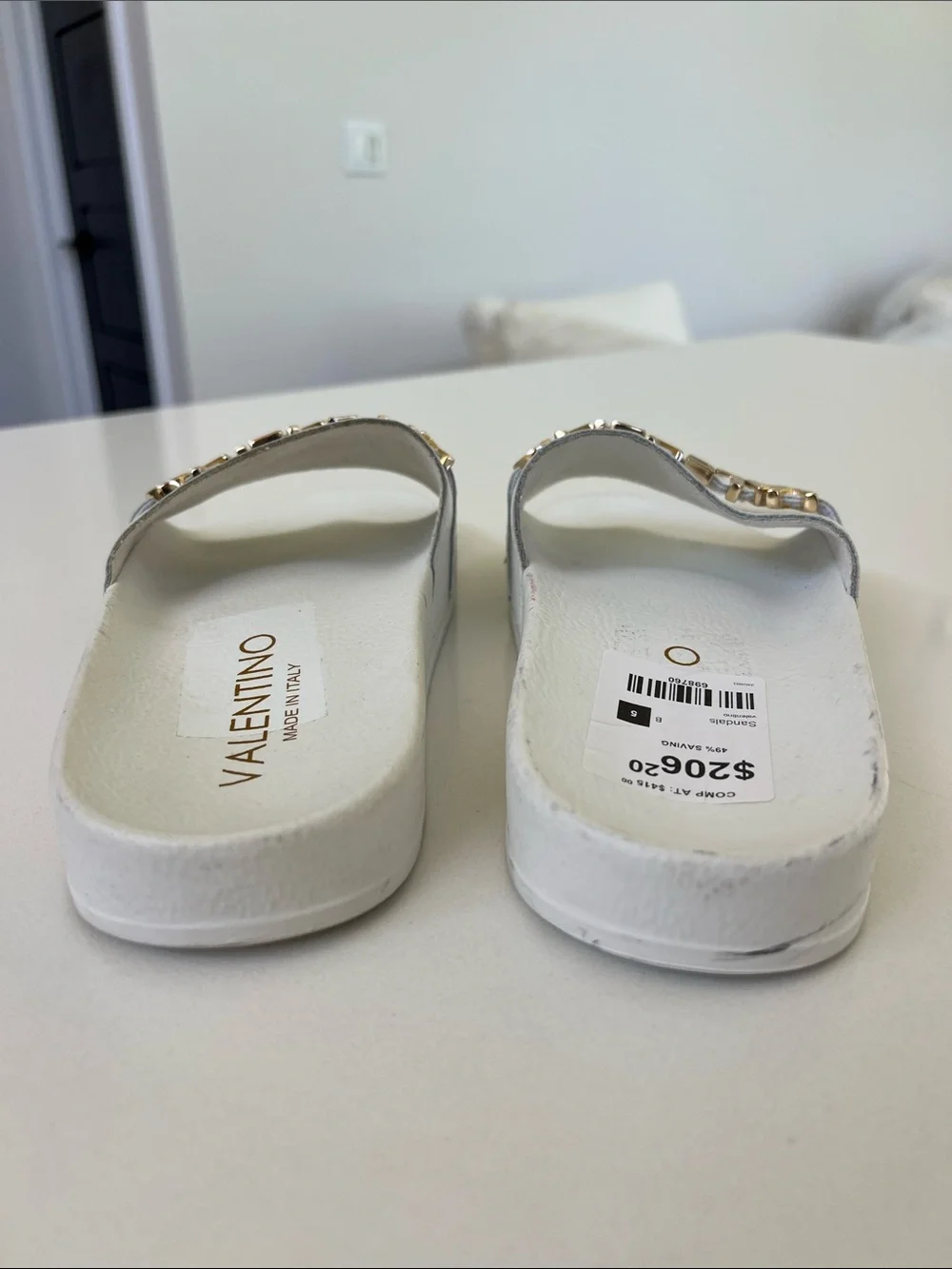 Valentino white leather open toe pool slides sandals with gold tone lettering 5